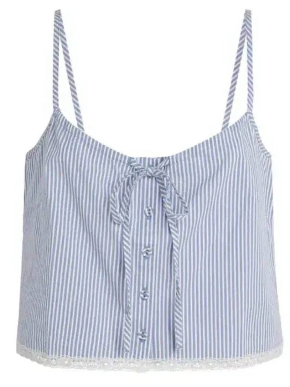 Skims Blue White Stripe Cotton Poplin Lace Trim Coquette Cami Babydoll Tank Top